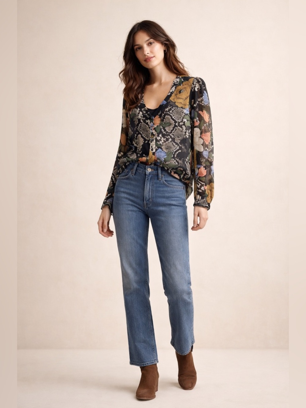 Cabi Floral Snake Skin Print Chiffon Longsleeve Blouse size M